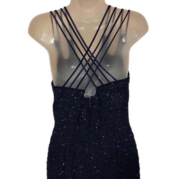 *rare* Scala Vintage Silk Sequin Formal Maxi Gown Dress Blue Spaghetti Sz Large - Picture 4 of 12